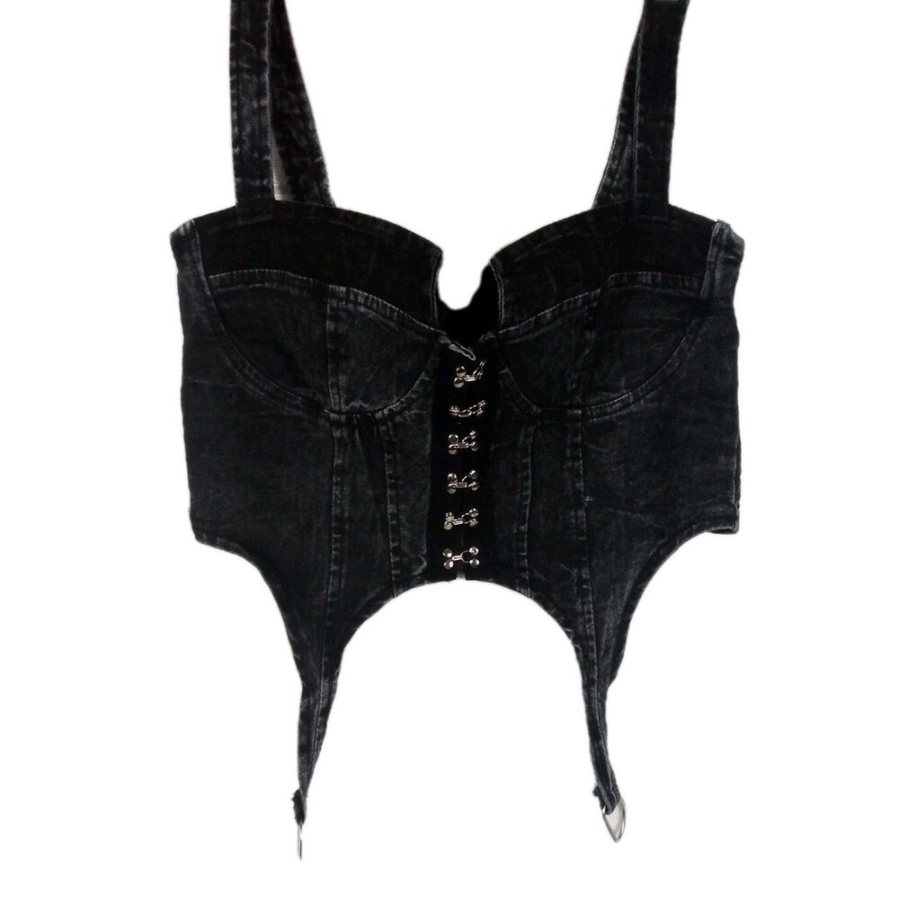 The Thrill Jeans Gray Denim Corset Snap Top Size Large Y2K‎ Style